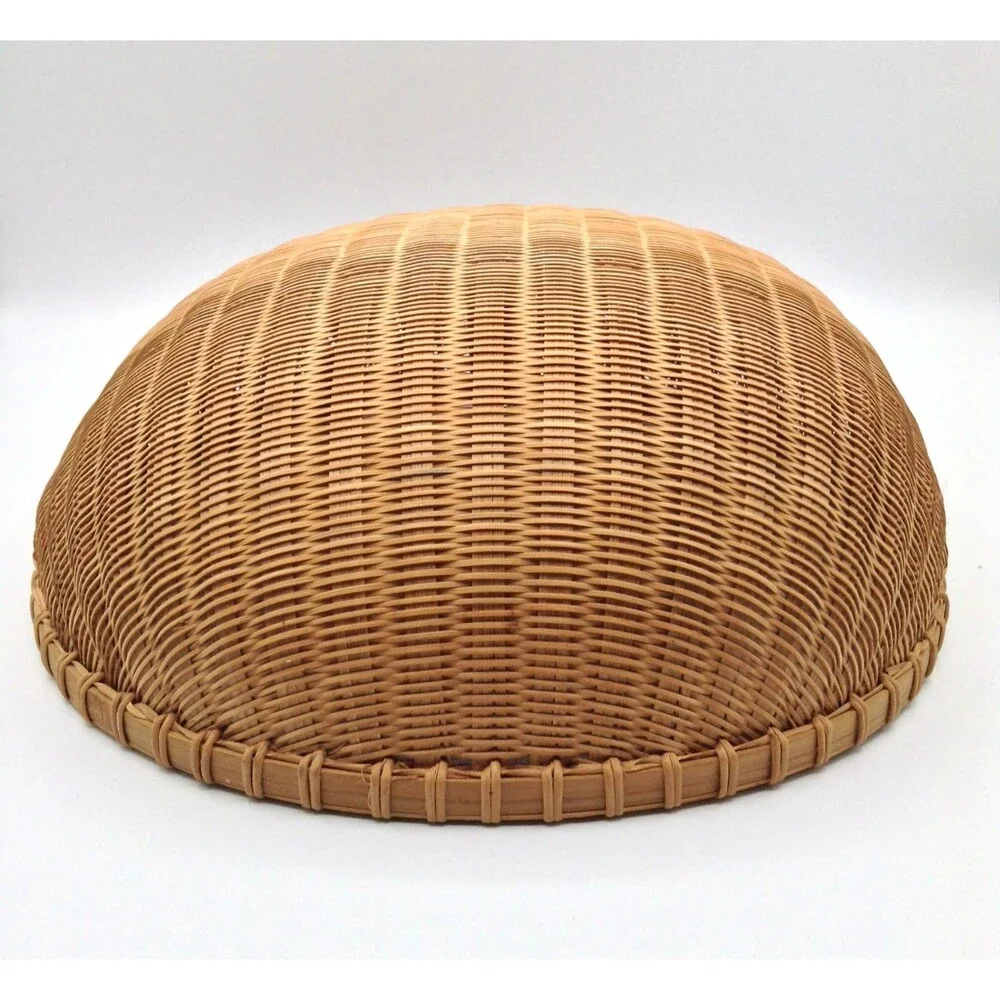 Vtg Bamboo Woven Basket Round Handmade Storage Gathering Bowl Boho Farmhouse 13